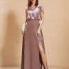 Demoiselles D'Honneur BABARONI FR | Robe De A-Ligne Longueur Au Sol A Col En V Avec Fente Vintage Mauve