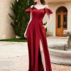 Demoiselles D'Honneur BABARONI | Robe En Satin A Manches Flottantes Hors De L'Epaule Avec Poches Bordeaux