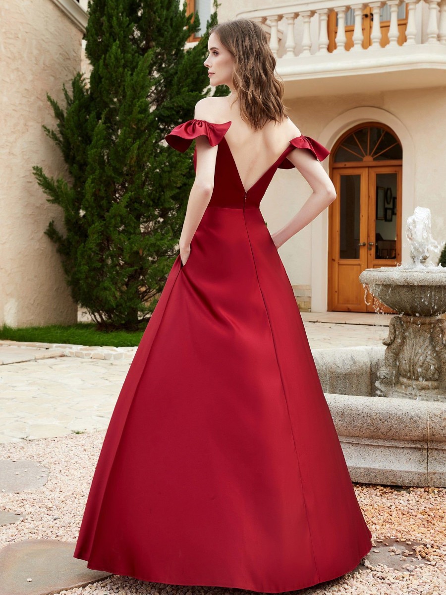 Demoiselles D'Honneur BABARONI | Robe En Satin A Manches Flottantes Hors De L'Epaule Avec Poches Bordeaux