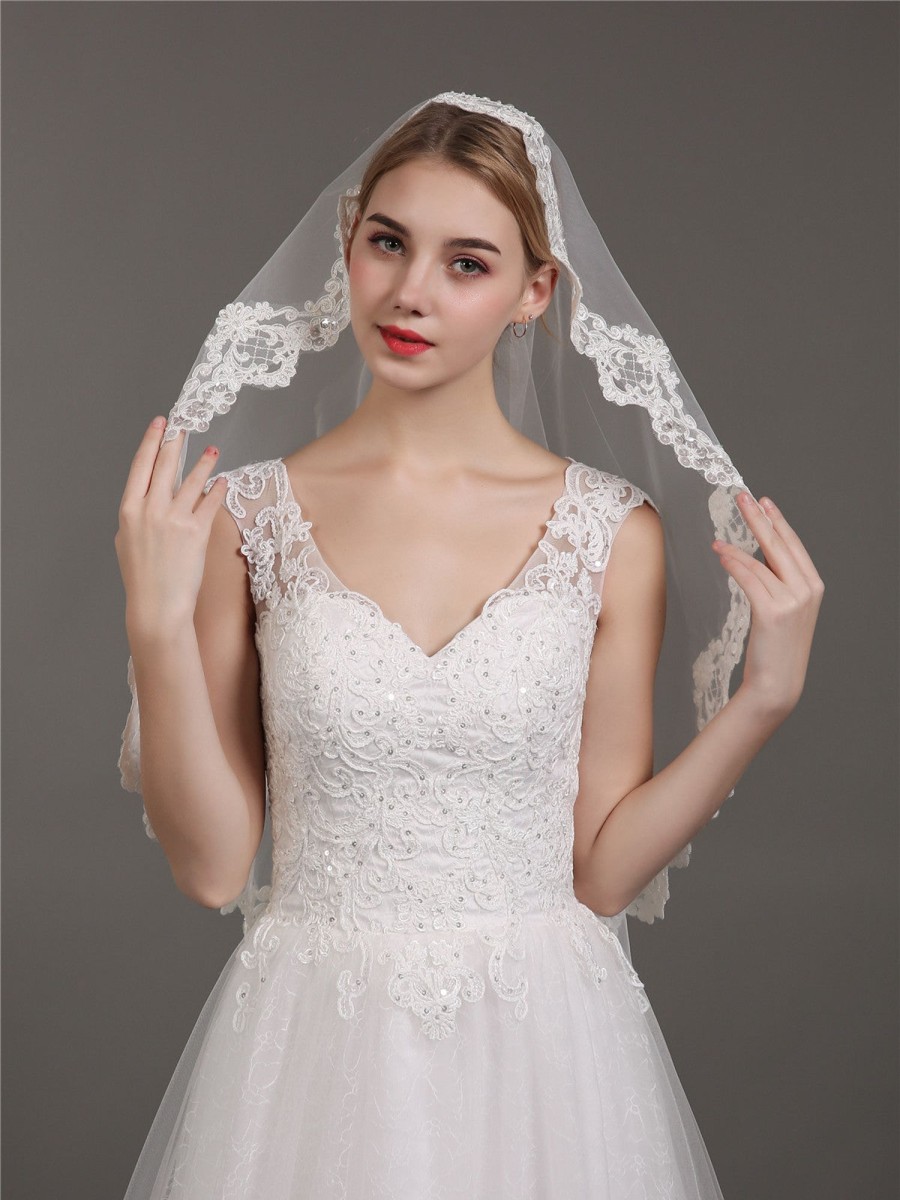 Accessories BABARONI | Voiles De Mariage Perlees En Tulle Avec Applique Veil07