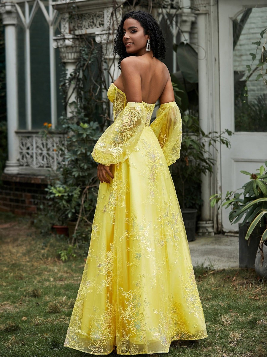 Robe De Bal BABARONI FR | Robe De Bal Florale Avec Fente Haute A Col En Coeur Citron