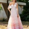 Robes De Soiree BABARONI | Robe De A-Ligne En Tulle Plissee A Une Epaule Rose