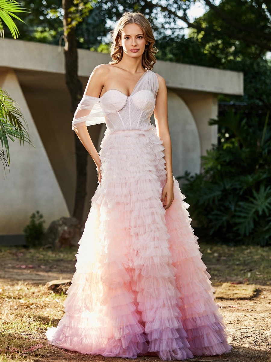 Robes De Soiree BABARONI | Robe De A-Ligne En Tulle Plissee A Une Epaule Rose