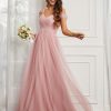 Demoiselles D'Honneur BABARONI FR | Robe Plissee Longueur Au Sol En Tulle Avec Mancherons Rose Poudre