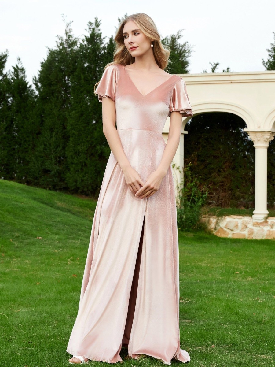 Demoiselles D'Honneur BABARONI | Robe En Velours A Col En V Et Manches Flottantes Avec Fente Rose Perle