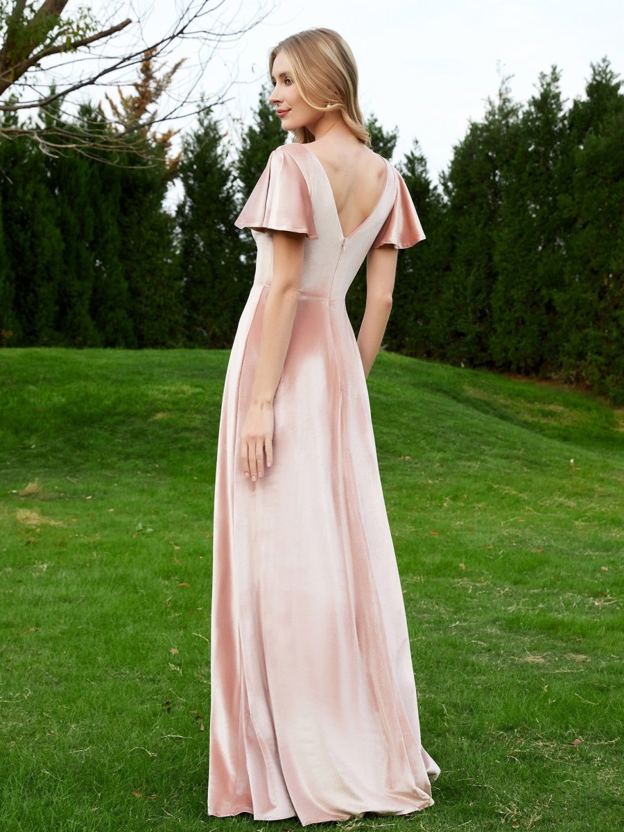 Demoiselles D'Honneur BABARONI | Robe En Velours A Col En V Et Manches Flottantes Avec Fente Rose Perle