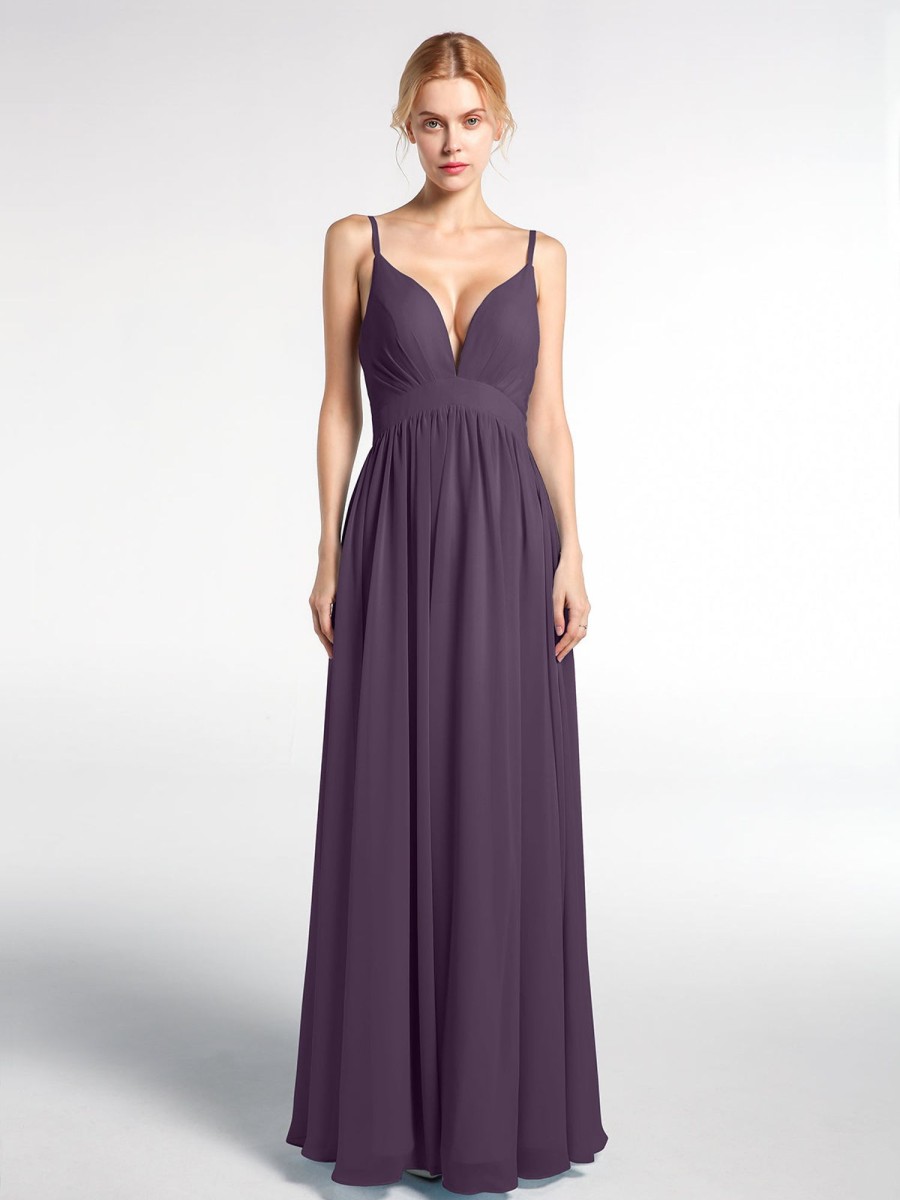 Demoiselles D'Honneur BABARONI | Robe Longue En Mousseline A Taille Empire A Col En V Profond Plum