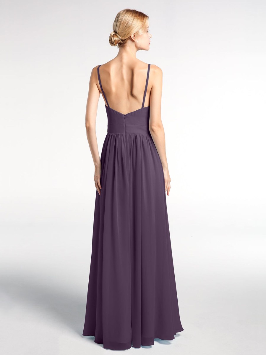 Demoiselles D'Honneur BABARONI | Robe Longue En Mousseline A Taille Empire A Col En V Profond Plum