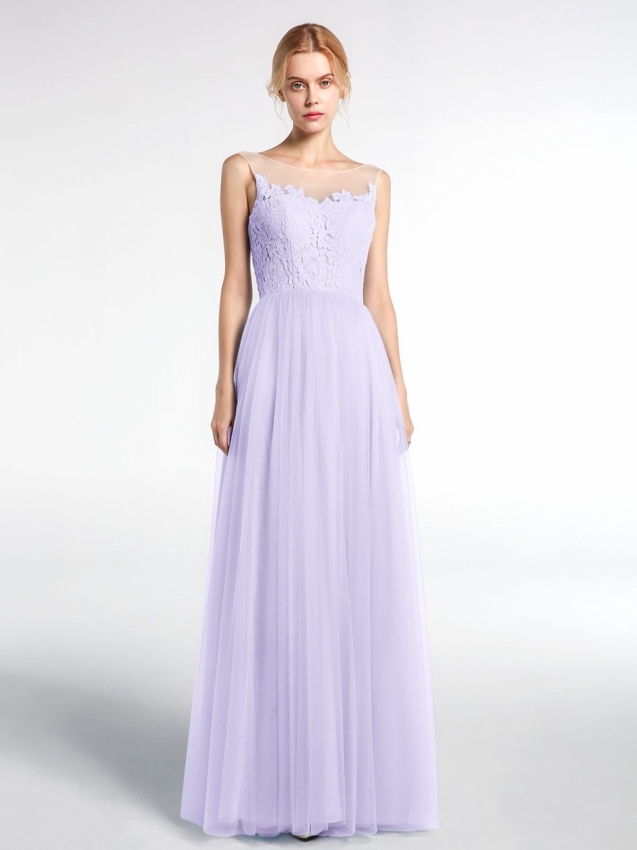 Demoiselles D'Honneur BABARONI | Robe Longue En Dentelle Et Tulle A Decollete Illusion Lilas