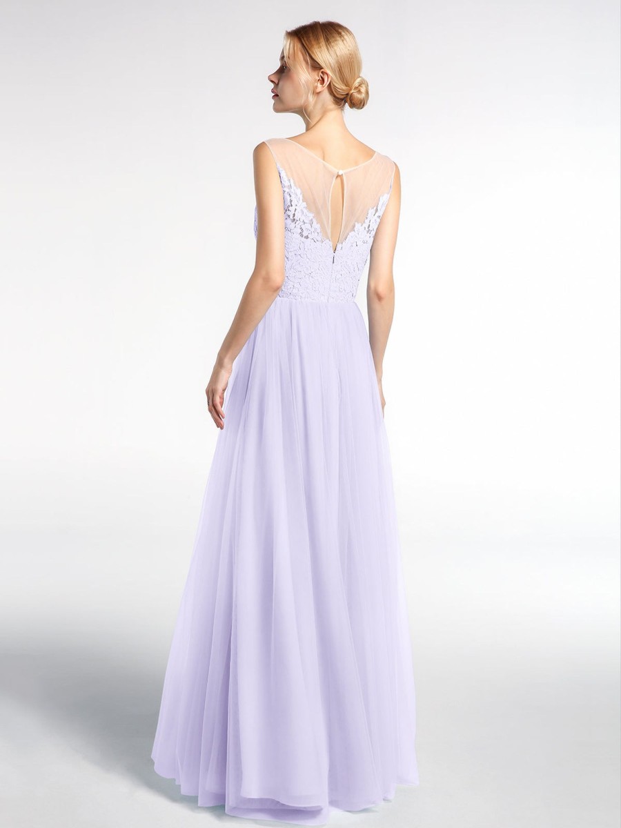 Demoiselles D'Honneur BABARONI | Robe Longue En Dentelle Et Tulle A Decollete Illusion Lilas