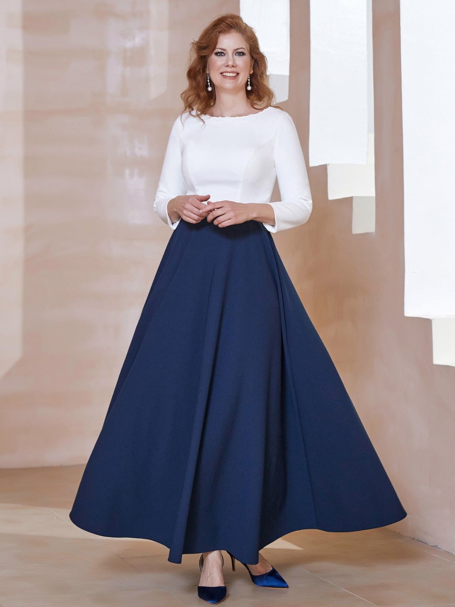 Mere BABARONI FR | Robe De A-Ligne A Col En Dentelle Longueur De Mollet Bleu Marine