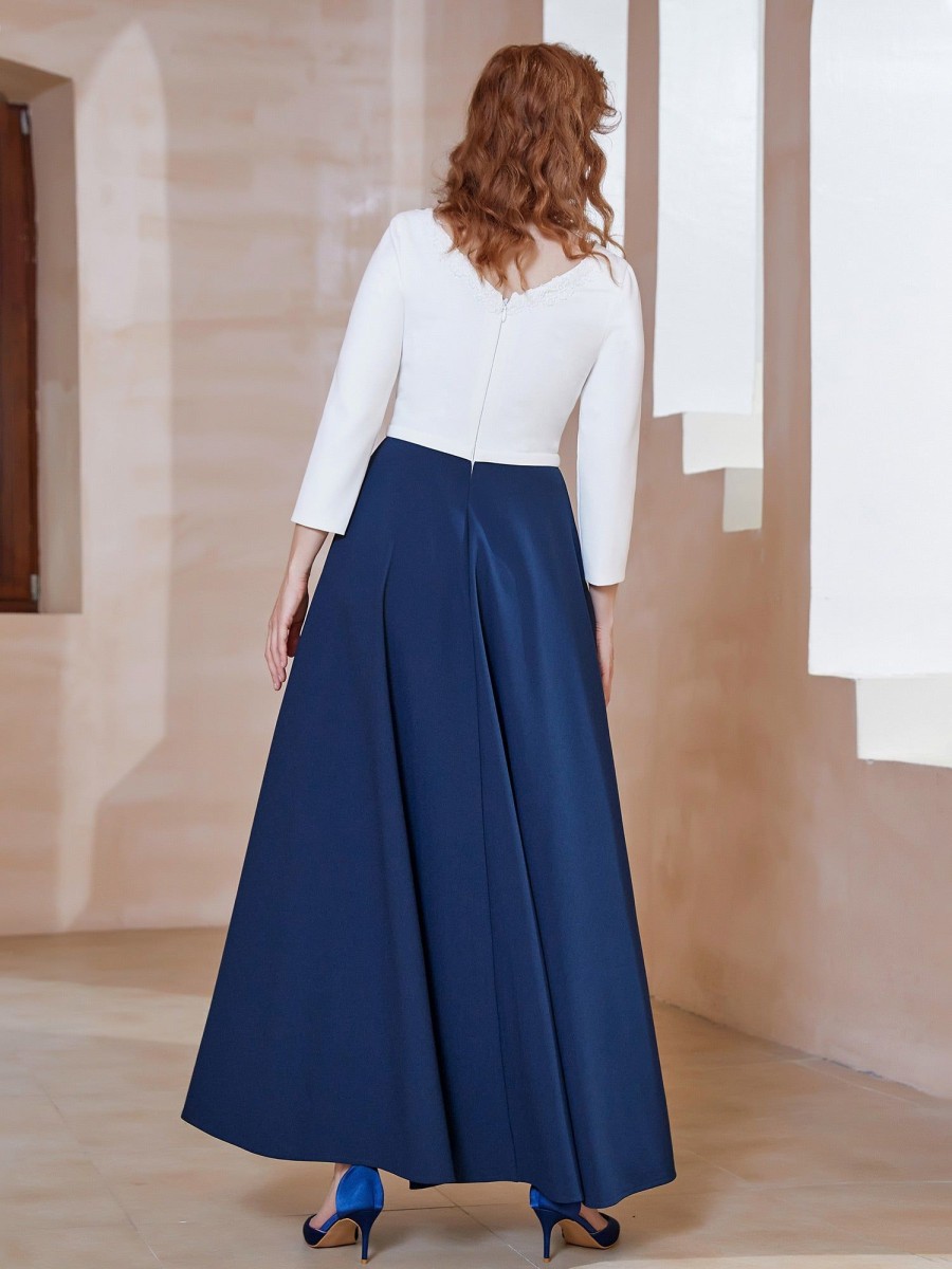 Mere BABARONI FR | Robe De A-Ligne A Col En Dentelle Longueur De Mollet Bleu Marine