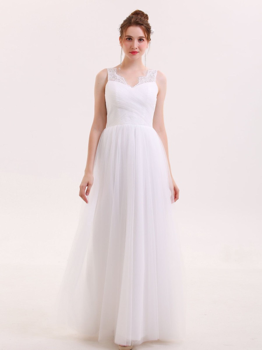 Robes De Mariee BABARONI | Robe Tulle Pleine Longueur Avec Bretelles En Dentelle Blanc