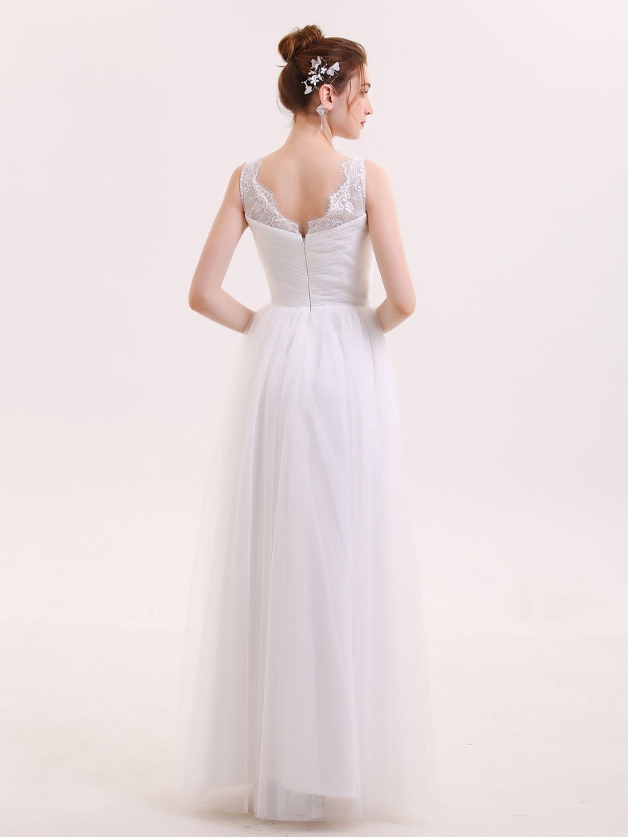 Robes De Mariee BABARONI | Robe Tulle Pleine Longueur Avec Bretelles En Dentelle Blanc