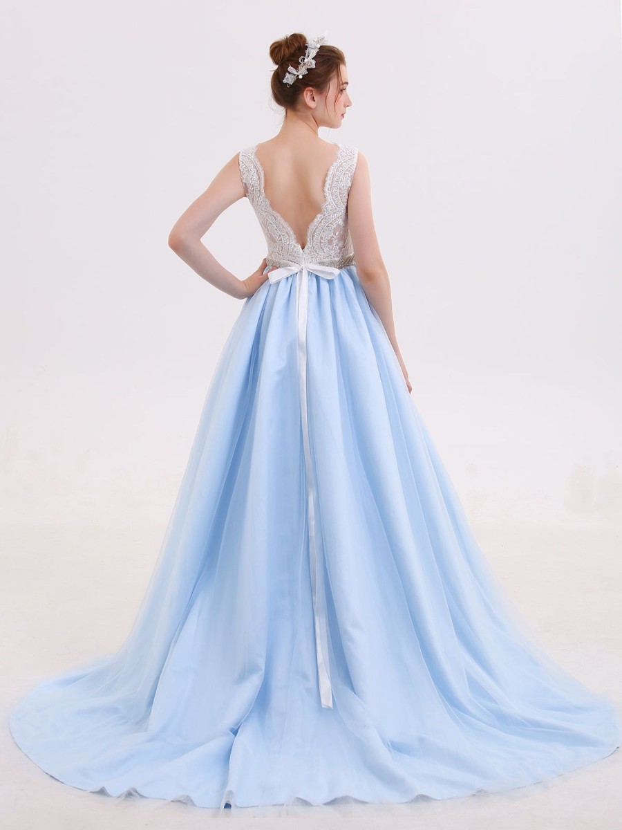 Robes De Mariee BABARONI | Robe De Mariee Avec Ceinture Bustier En Dentelle Jupe En Tulle Bleu Ciel