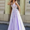 Robes De Soiree BABARONI FR | Robe Appliquee En Tulle Dentelle A Col En V Plongeant Lilas