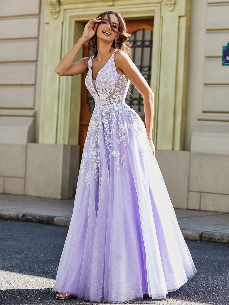 Robes De Soiree BABARONI FR | Robe Appliquee En Tulle Dentelle A Col En V Plongeant Lilas