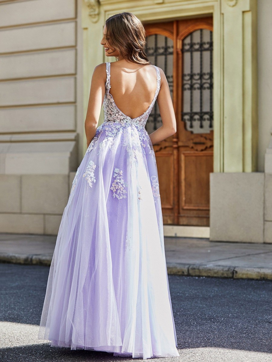 Robes De Soiree BABARONI FR | Robe Appliquee En Tulle Dentelle A Col En V Plongeant Lilas