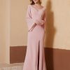 Demoiselles D'Honneur BABARONI FR | Robe Fourreau A Col En V En Mousseline Avec Manches Longues Rose Poudre