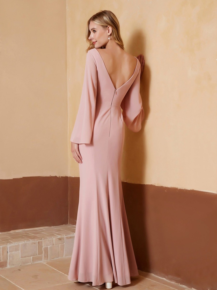 Demoiselles D'Honneur BABARONI FR | Robe Fourreau A Col En V En Mousseline Avec Manches Longues Rose Poudre