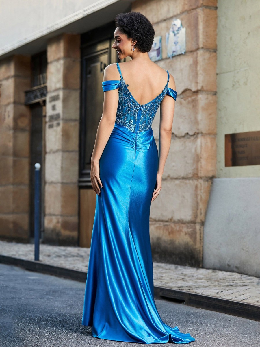 Robes De Soiree BABARONI | Robe Sirene En Satin Extensible A Hors De L'Epaule Bleu Ocean