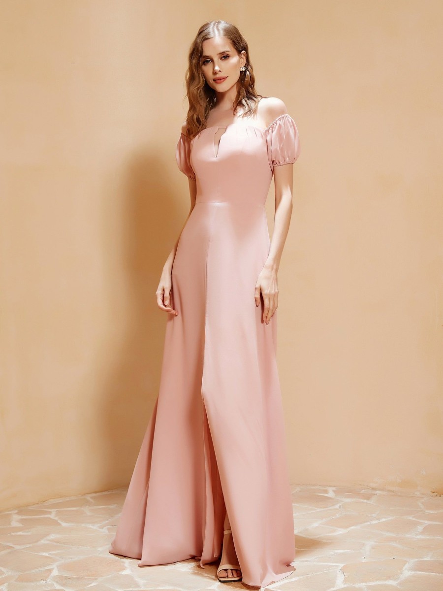 Demoiselles D'Honneur BABARONI FR | Robe Longue A Demi-Manches Avec Fente Rose Poudre