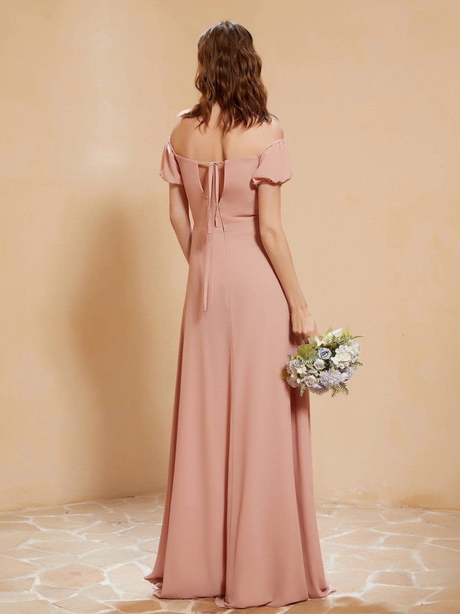 Demoiselles D'Honneur BABARONI FR | Robe Longue A Demi-Manches Avec Fente Rose Poudre