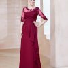 Mere BABARONI FR | Robe En Mousseline A Manches Mi-Longues Et Decollete Illusion Avec Dentelle Bordeaux