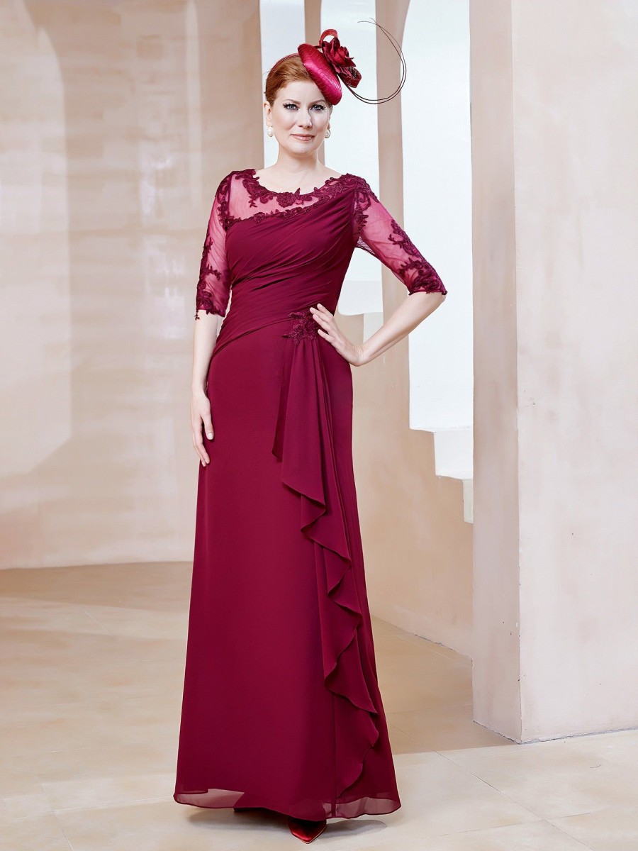 Mere BABARONI FR | Robe En Mousseline A Manches Mi-Longues Et Decollete Illusion Avec Dentelle Bordeaux