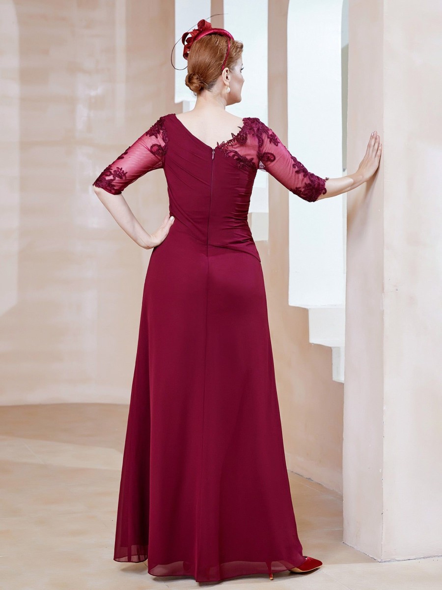 Mere BABARONI FR | Robe En Mousseline A Manches Mi-Longues Et Decollete Illusion Avec Dentelle Bordeaux