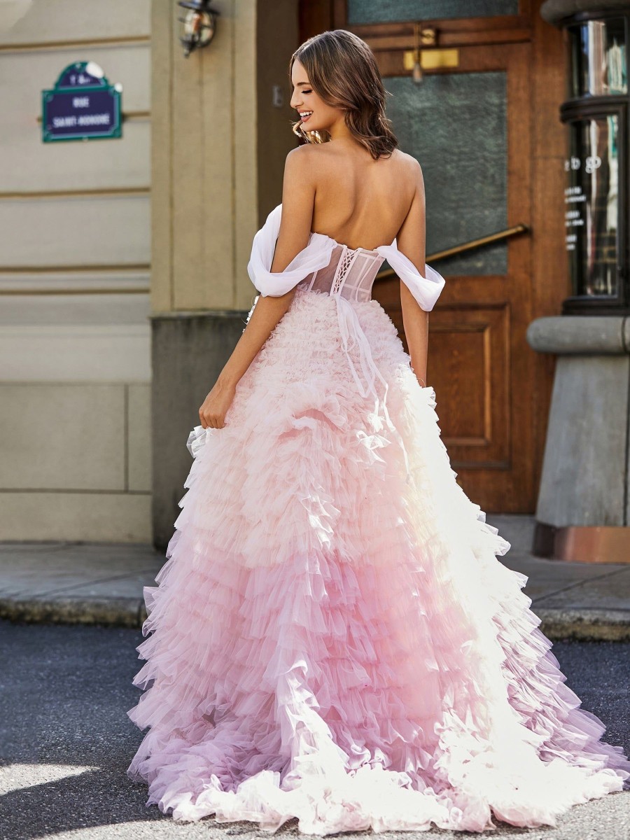 Robes De Soiree BABARONI | Robe De Soiree Princesse De A-Ligne En Tulle Avec Traine Balayage Rose