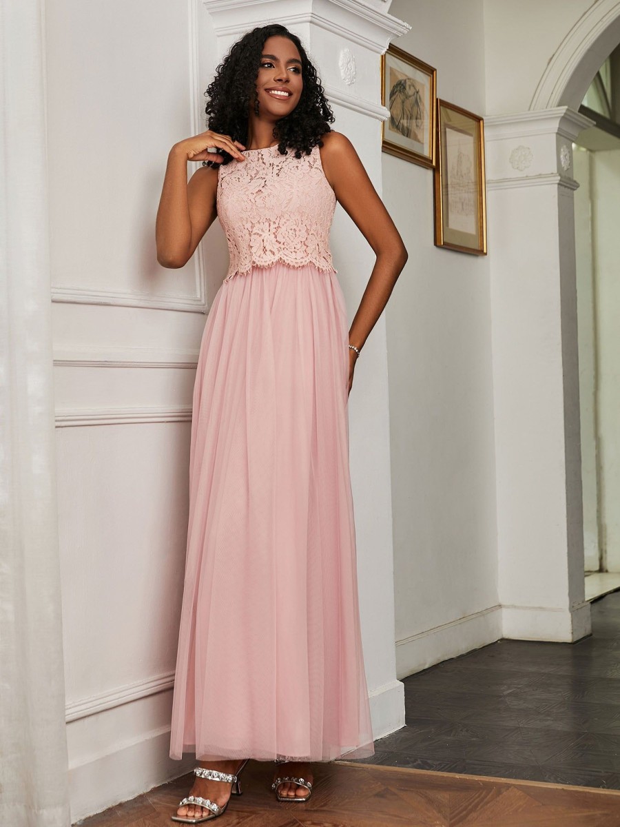 Demoiselles D'Honneur BABARONI | Robe En A-Ligne Sans Manches En Tulle Longueur Au Sol Rose Poudre