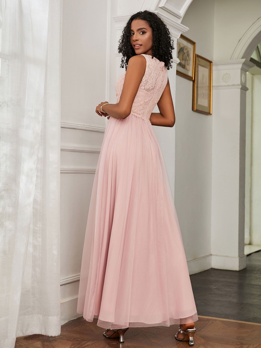 Demoiselles D'Honneur BABARONI | Robe En A-Ligne Sans Manches En Tulle Longueur Au Sol Rose Poudre