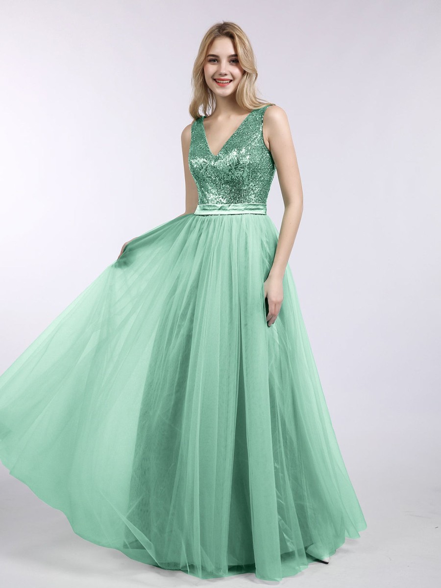 Robes De Soiree BABARONI | Paillettes Et Tulle Robe Longue Avec Col En V Vert Menthe