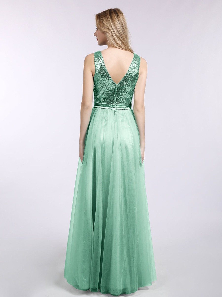 Robes De Soiree BABARONI | Paillettes Et Tulle Robe Longue Avec Col En V Vert Menthe