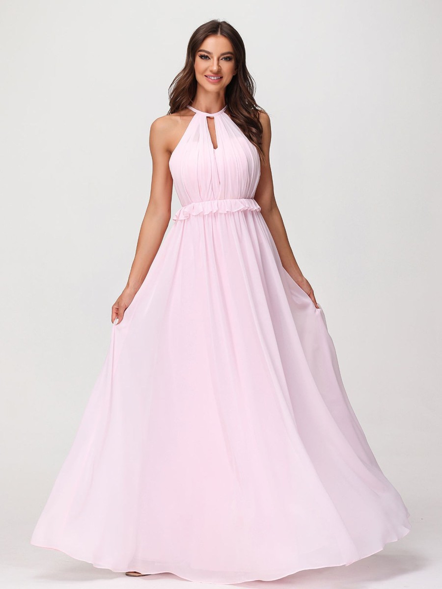 Demoiselles D'Honneur BABARONI | Robe Longue Maxi En Mousseline Decollete En Trou De Serrure De Dos Ouvert Rose Pale