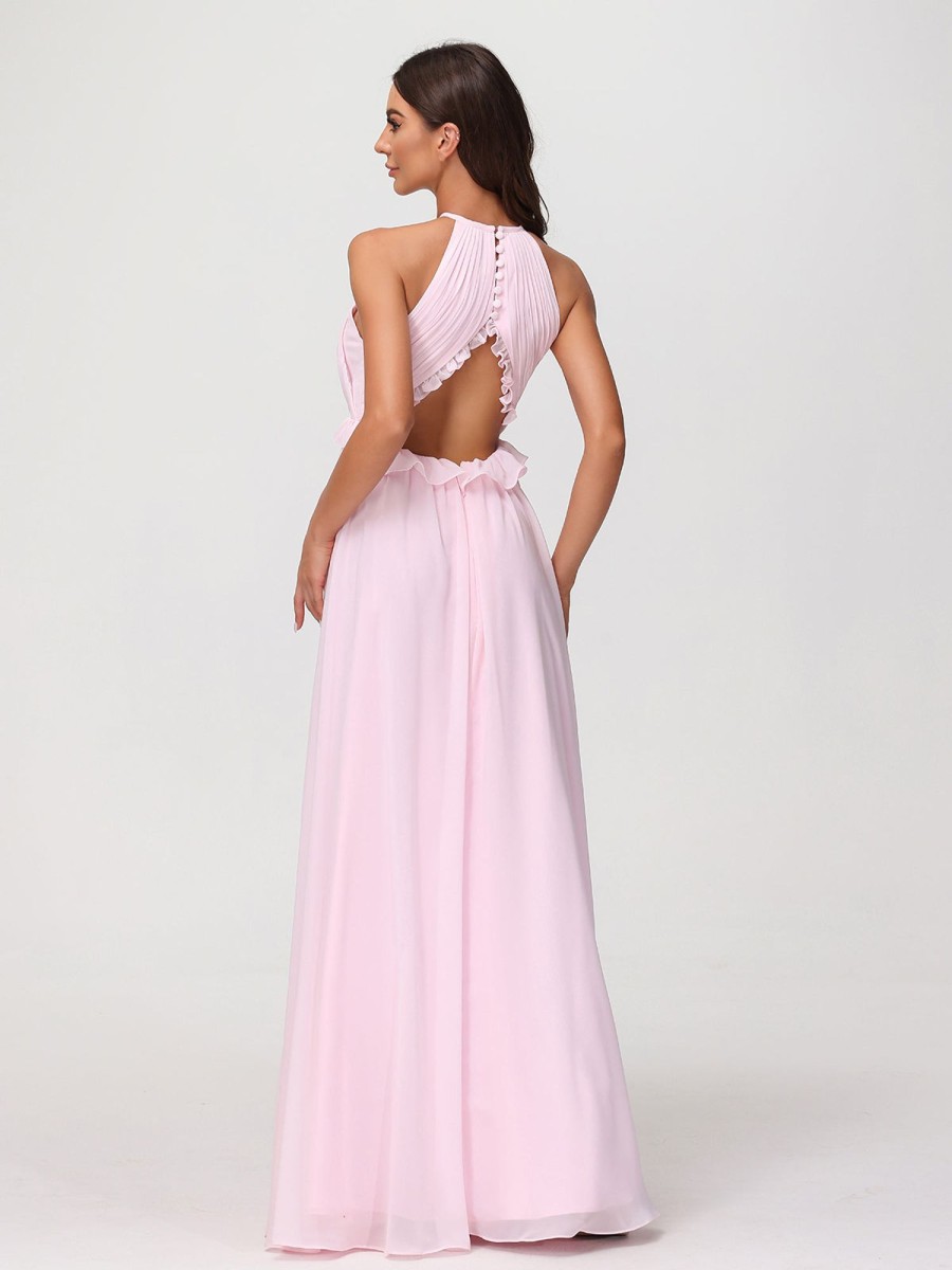 Demoiselles D'Honneur BABARONI | Robe Longue Maxi En Mousseline Decollete En Trou De Serrure De Dos Ouvert Rose Pale