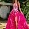 Robes De Soiree BABARONI | Robe De A-Ligne En Tulle A Lacet Et Col En V Fuchsia