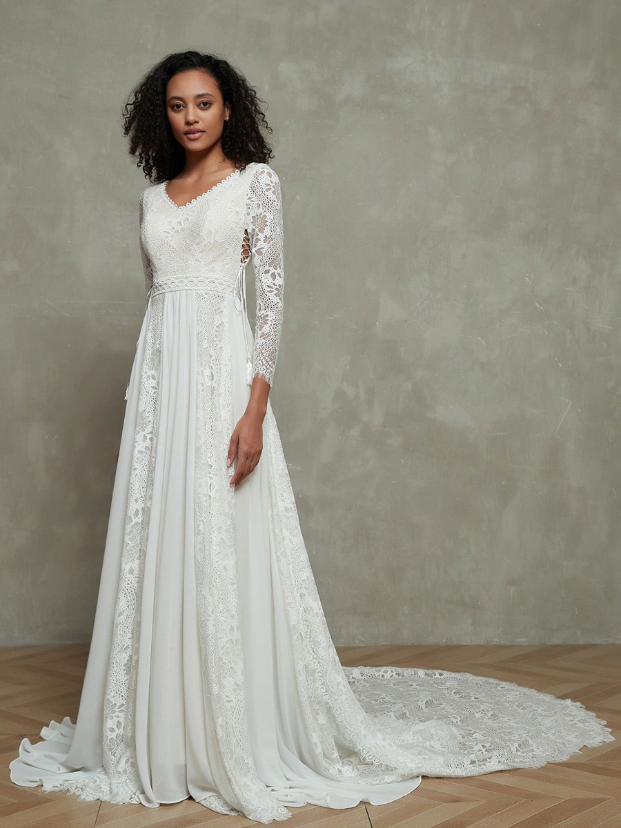 Robes De Mariee BABARONI | Boheme Robes De Mariee En Mousseline & Dentelle A Manches Longues Blanc