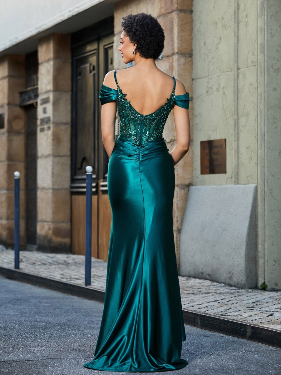 Robes De Soiree BABARONI | Robe Sirene En Satin Extensible A Hors De L'Epaule Vert Fonce