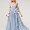 Demoiselles D'Honneur BABARONI | Robes Princesse En Tulle A Epaules Denudees Avec Noeud A Ceinture Bleu Poudre