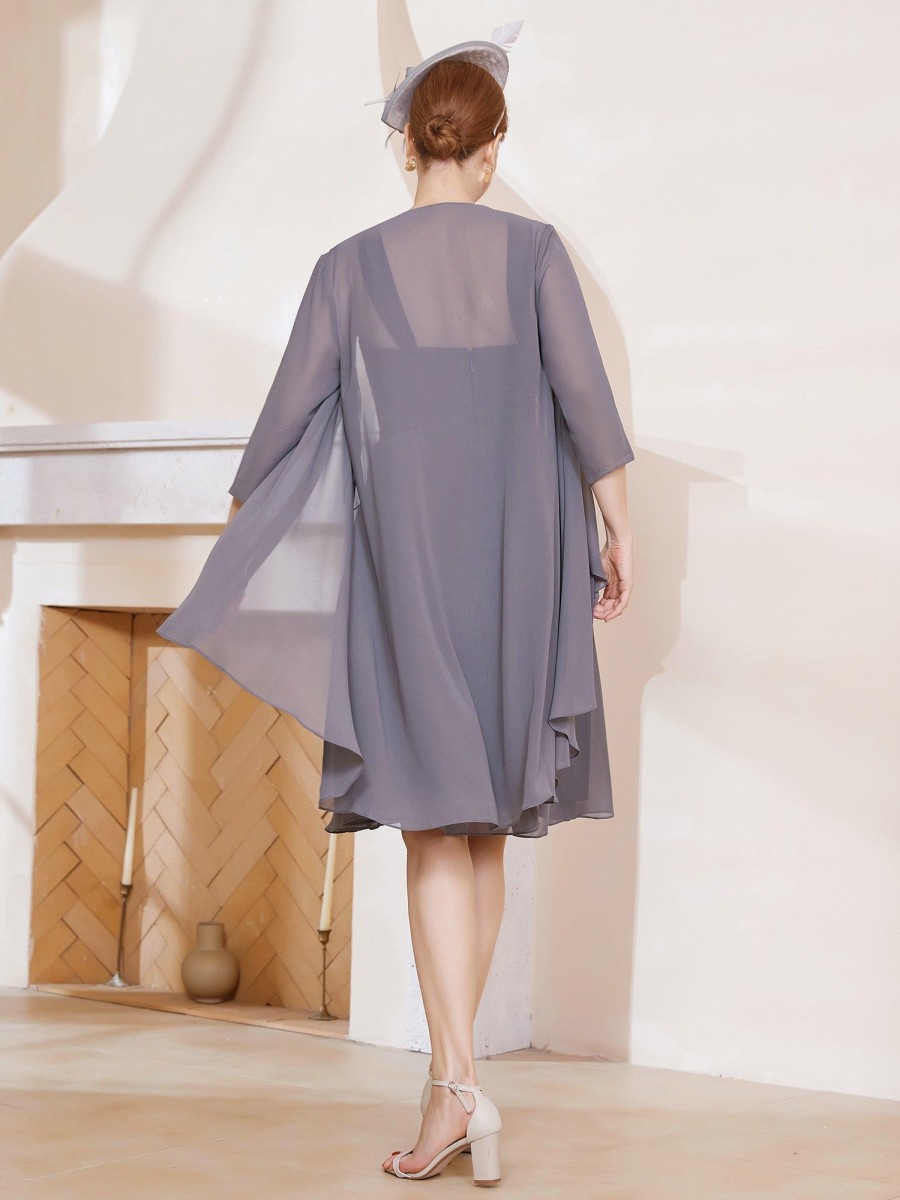 Mere BABARONI FR | Robe De A-Ligne En Mousseline A Encolure Carree Longueur Aux Genoux Avec Veste Gris Acier