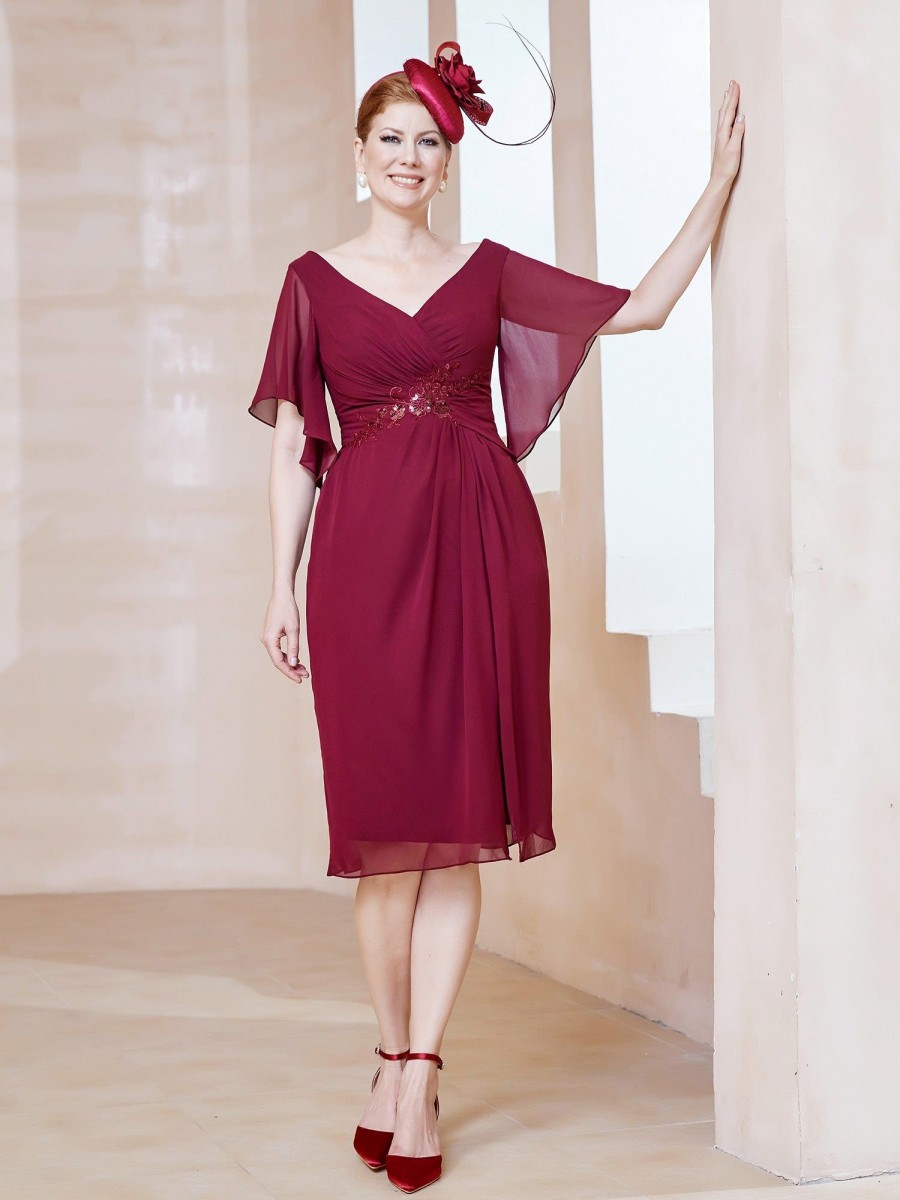 Mere BABARONI FR | Robe En Mousseline A Col En V Orne De Strass Bordeaux