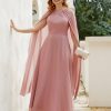 Mere BABARONI FR | Robe De A-Ligne A Col En Bijou Longueur De Mollet En Mousseline Rose Poudre