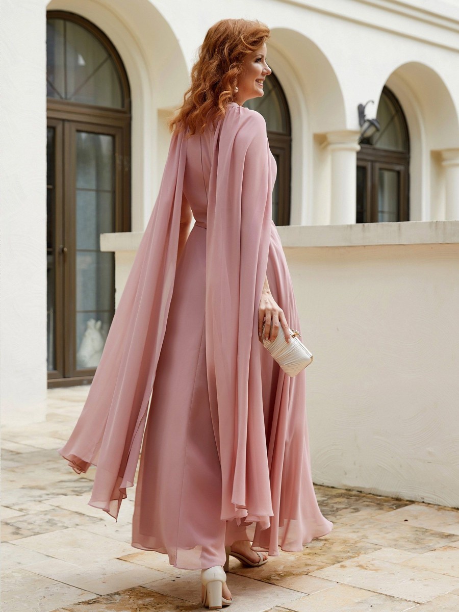 Mere BABARONI FR | Robe De A-Ligne A Col En Bijou Longueur De Mollet En Mousseline Rose Poudre