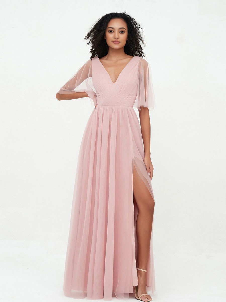 Demoiselles D'Honneur BABARONI | A-Ligne Col En V Robes Maxi En Tulle Avec Dos En V Profond Rose Poudre