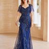 Mere BABARONI FR | Robe En Tulle Et Dentelle Longueur Au Sol A Col En V Avec Paillettes Bleu Marine Clair