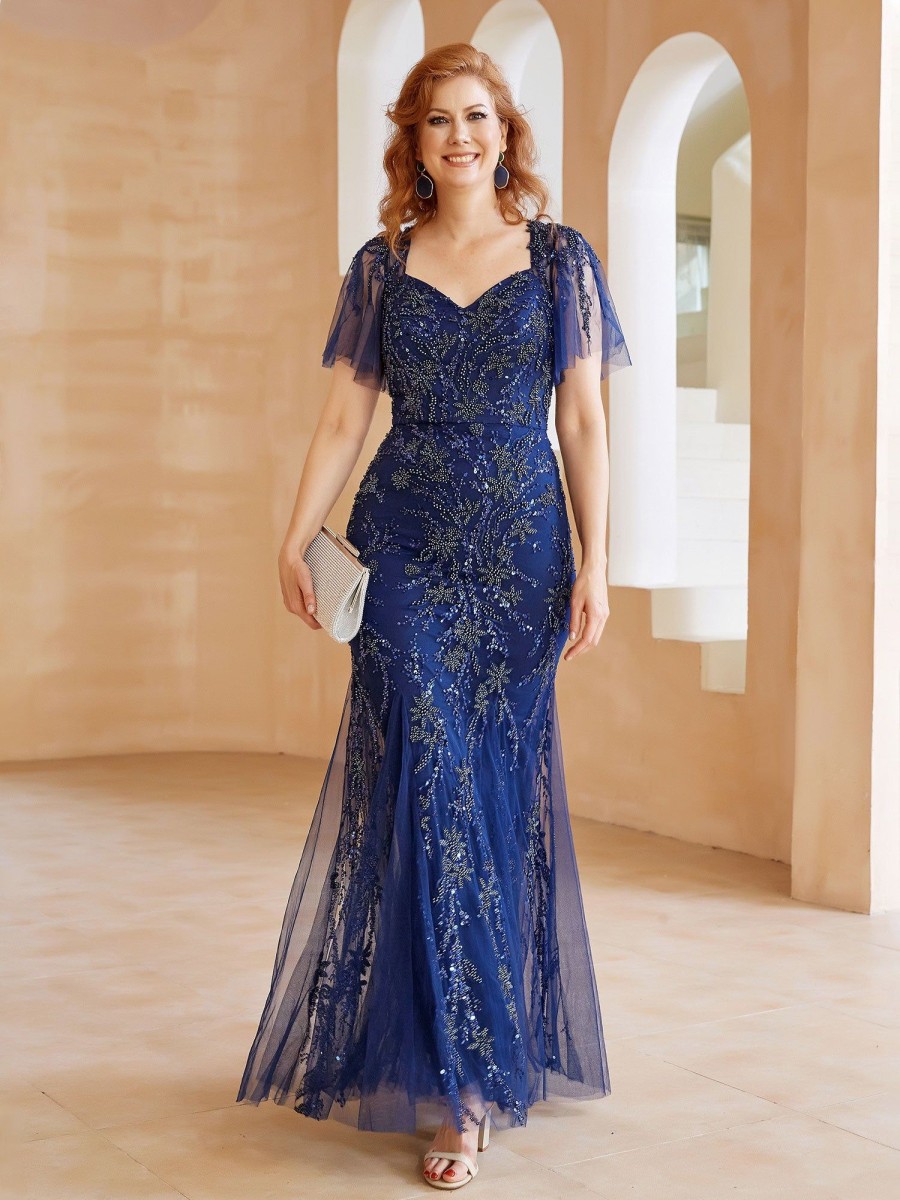 Mere BABARONI FR | Robe En Tulle Et Dentelle Longueur Au Sol A Col En V Avec Paillettes Bleu Marine Clair