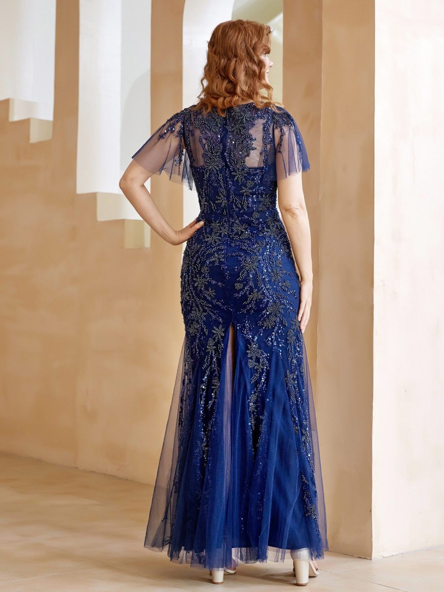 Mere BABARONI FR | Robe En Tulle Et Dentelle Longueur Au Sol A Col En V Avec Paillettes Bleu Marine Clair