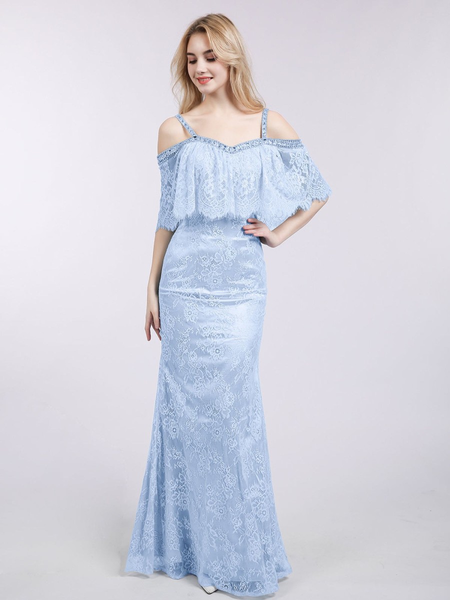 Robes De Soiree BABARONI | Bretelle Spaghetti Sirene Dentelle Robe Bleu Ciel